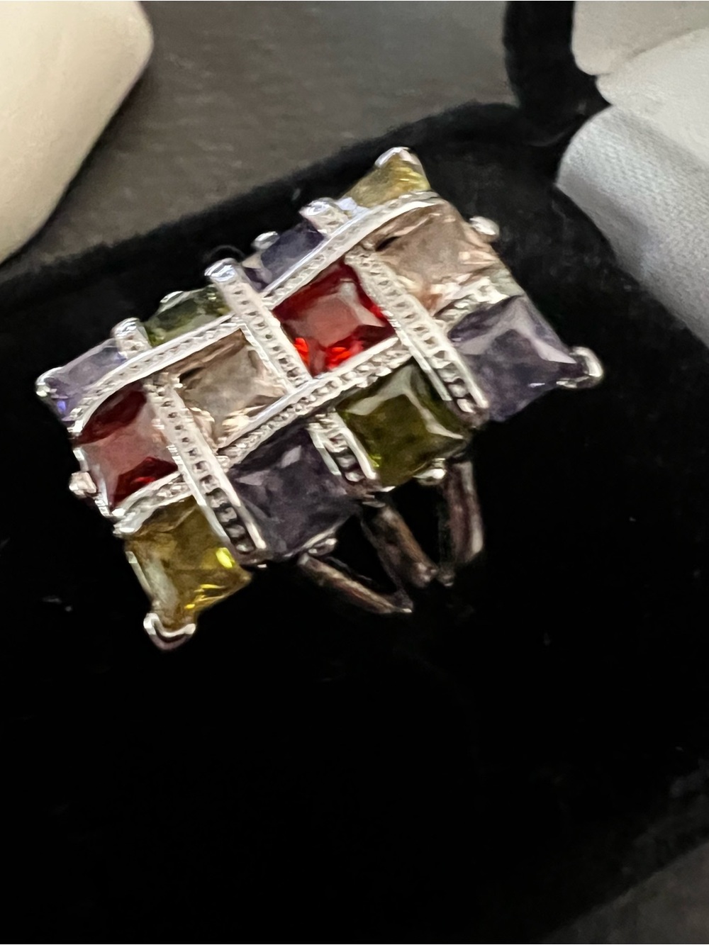 Multi-Gemstone Square Statement Ring - Silver Tone - Picture 3 of 12